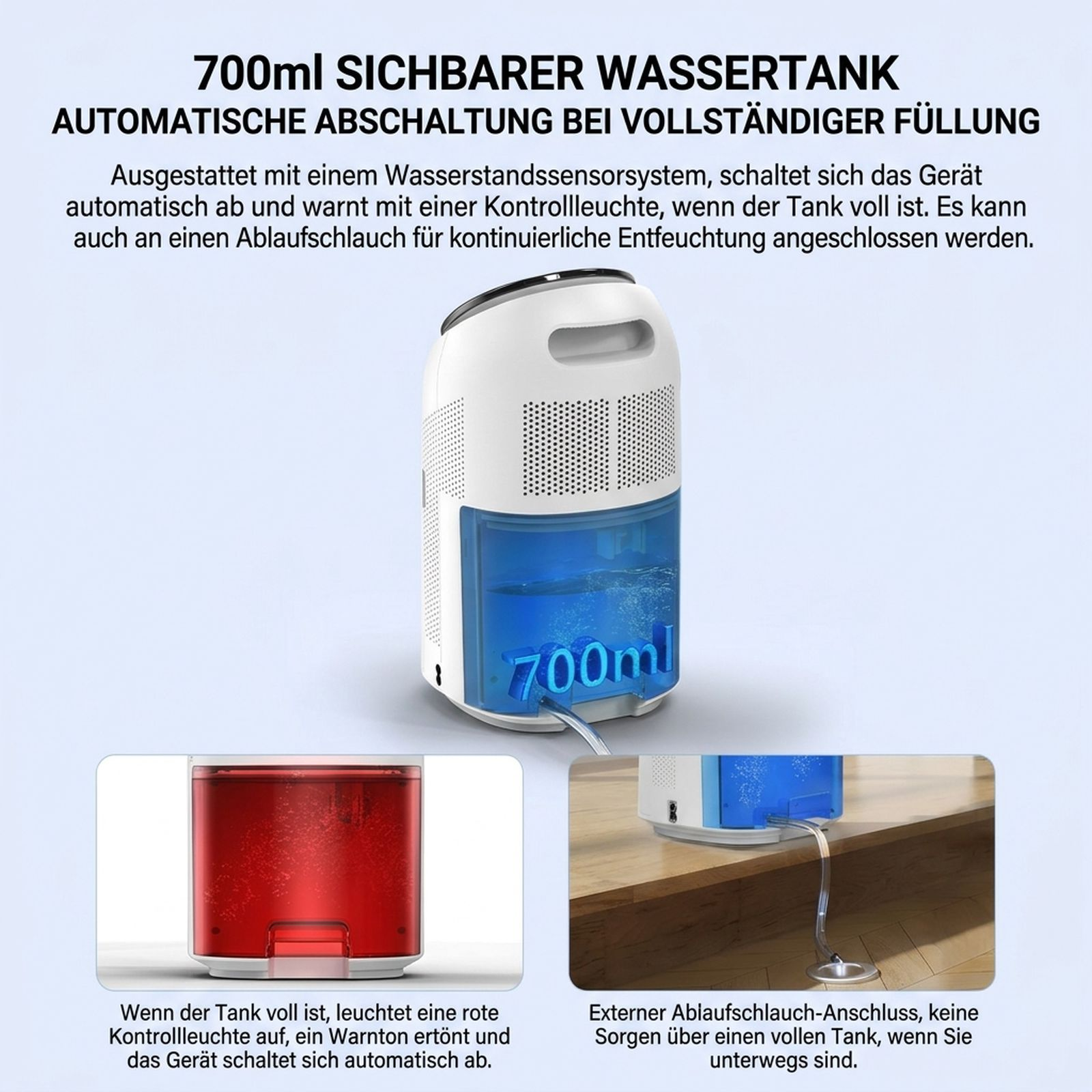 Weißer und blauer Luftentfeuchter mit 700ml Wassertank, automatischer Abschaltung und Ablaufschlauch.
