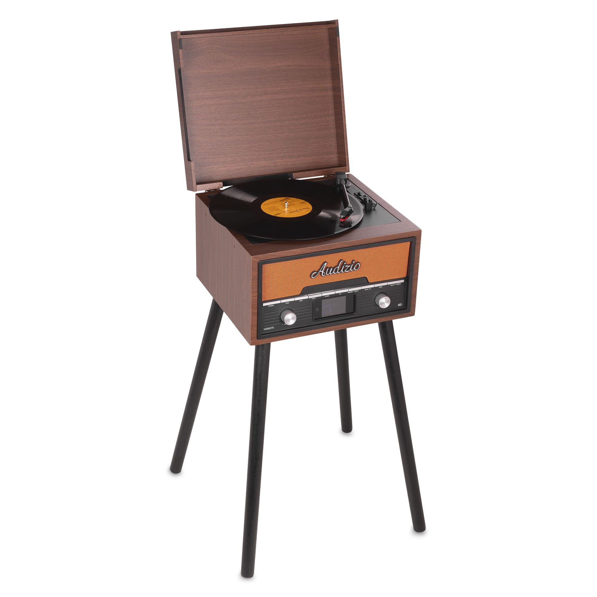 Ein hölzerner Retro-Plattenspieler auf schlanken schwarzen Beinen mit offener Abdeckung und einer Vinylplatte.