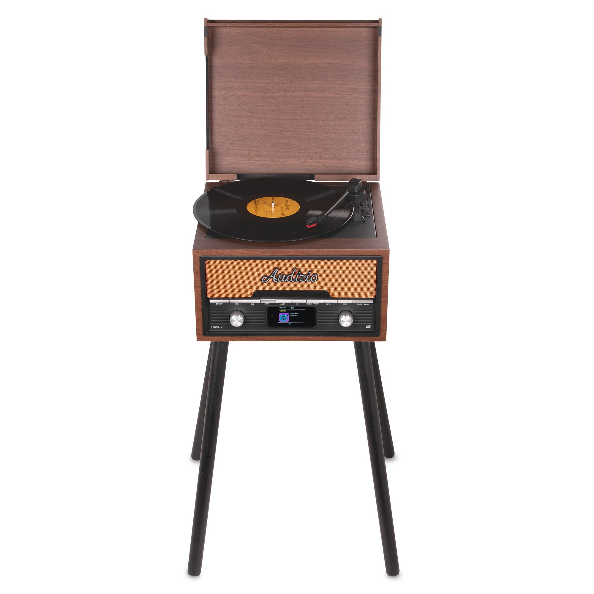 Holzplattenspieler mit Standbeinen, offenem Deckel und Vinylplatte.