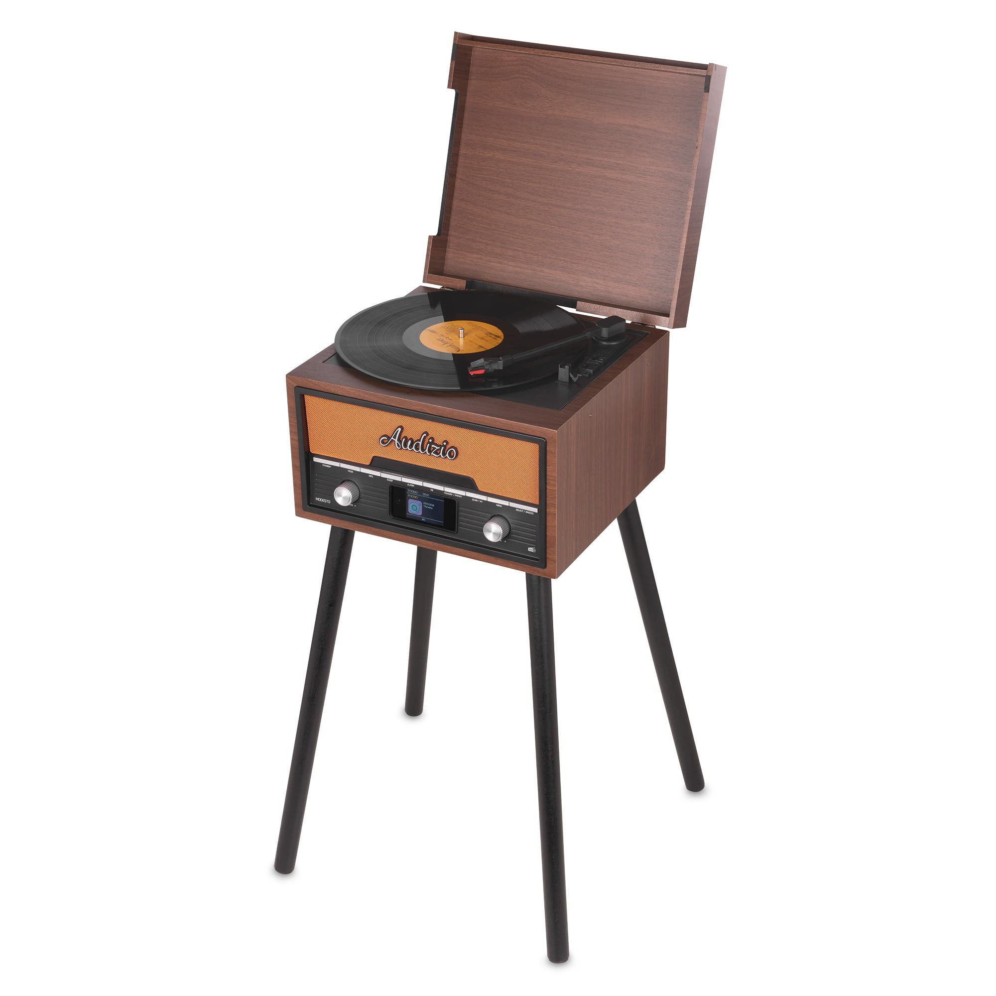 Ein hölzerner Audizio-Plattenspieler im Retro-Stil mit vier langen schwarzen Beinen auf weißem Hintergrund.