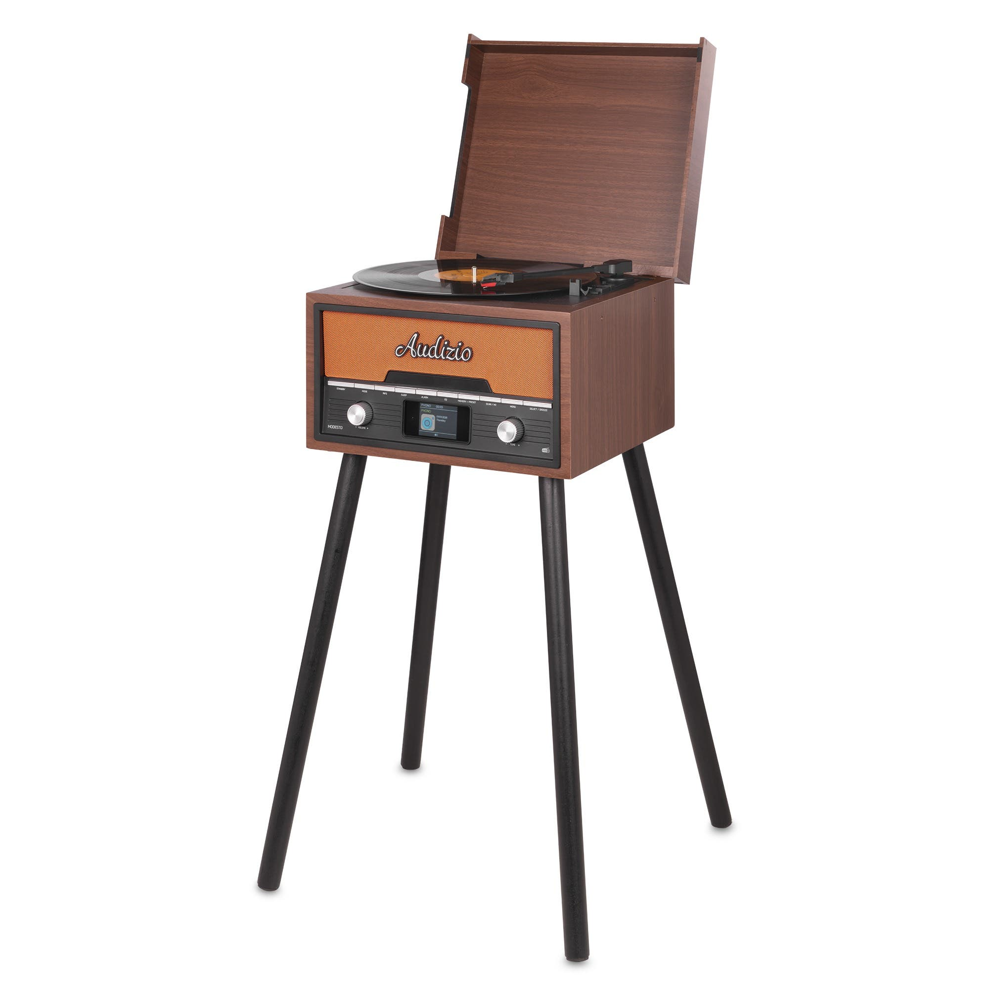 Ein hölzerner Plattenspieler im Retro-Stil auf vier schwarzen Beinen mit orangefarbenem Lautsprecher.