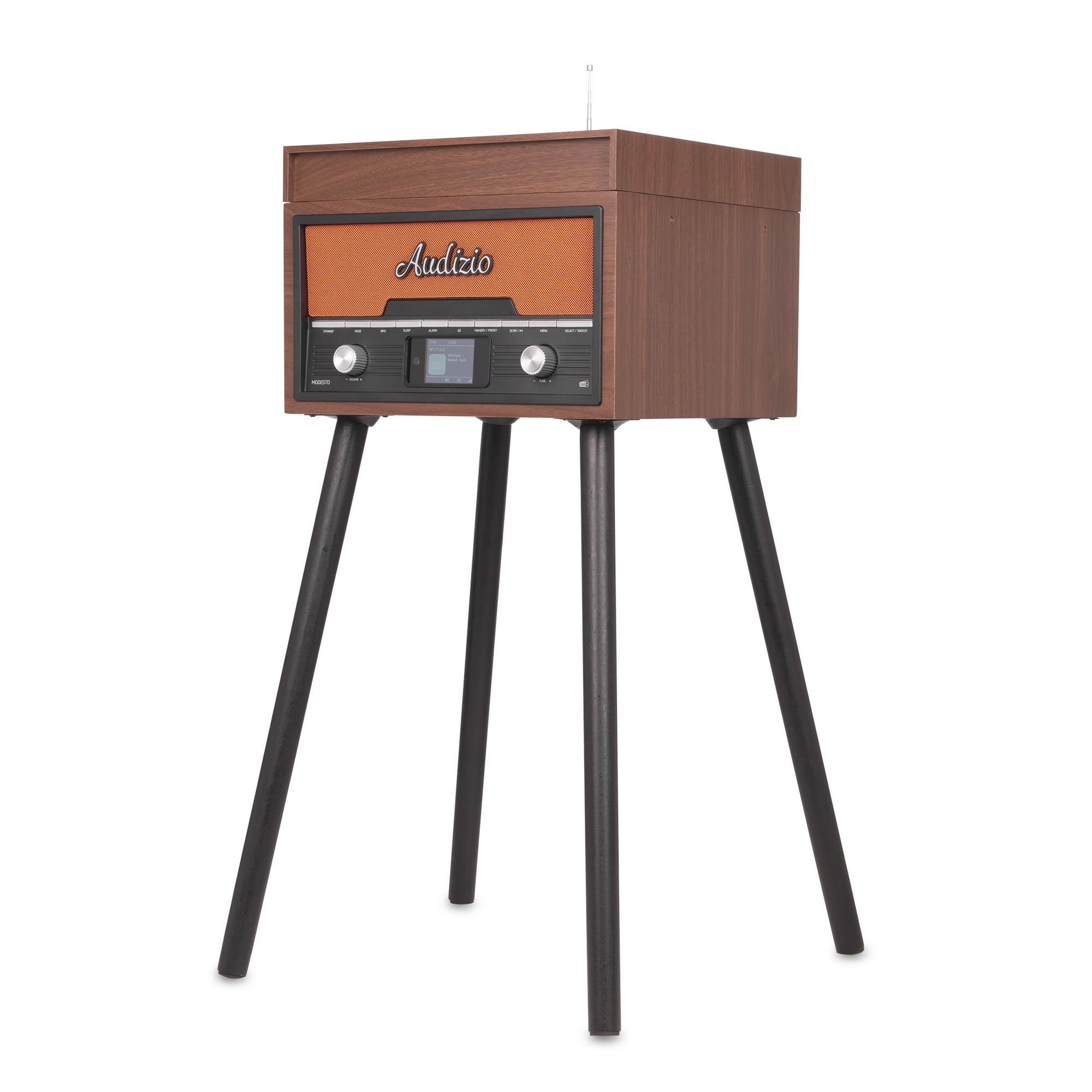 Retro-Holzradio mit orangem Lautsprechergitter und vier schwarzen Beinen.