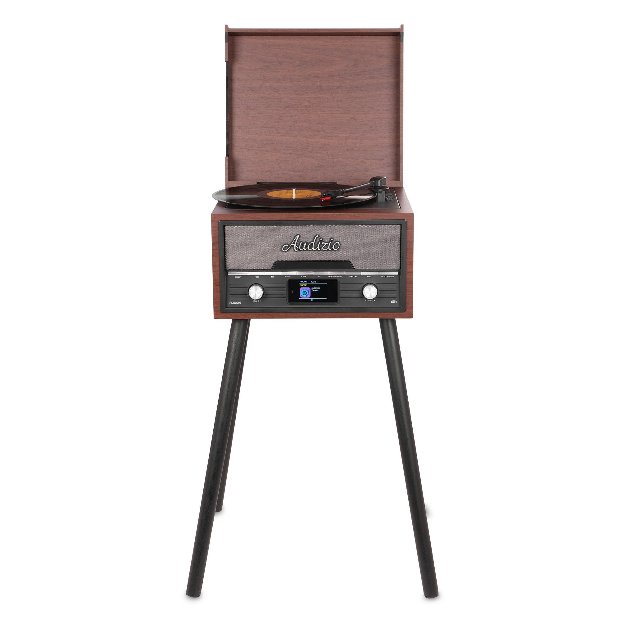 Brauner Audizio Plattenspieler auf vier schwarzen Beinen mit offenem Deckel und Vinylplatte.