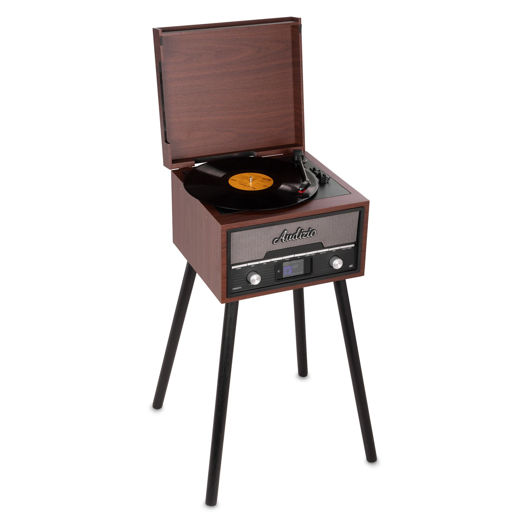 Ein retro Holzlaufwerk mit schwarzen Beinen, offenem Deckel und spielender Schallplatte.