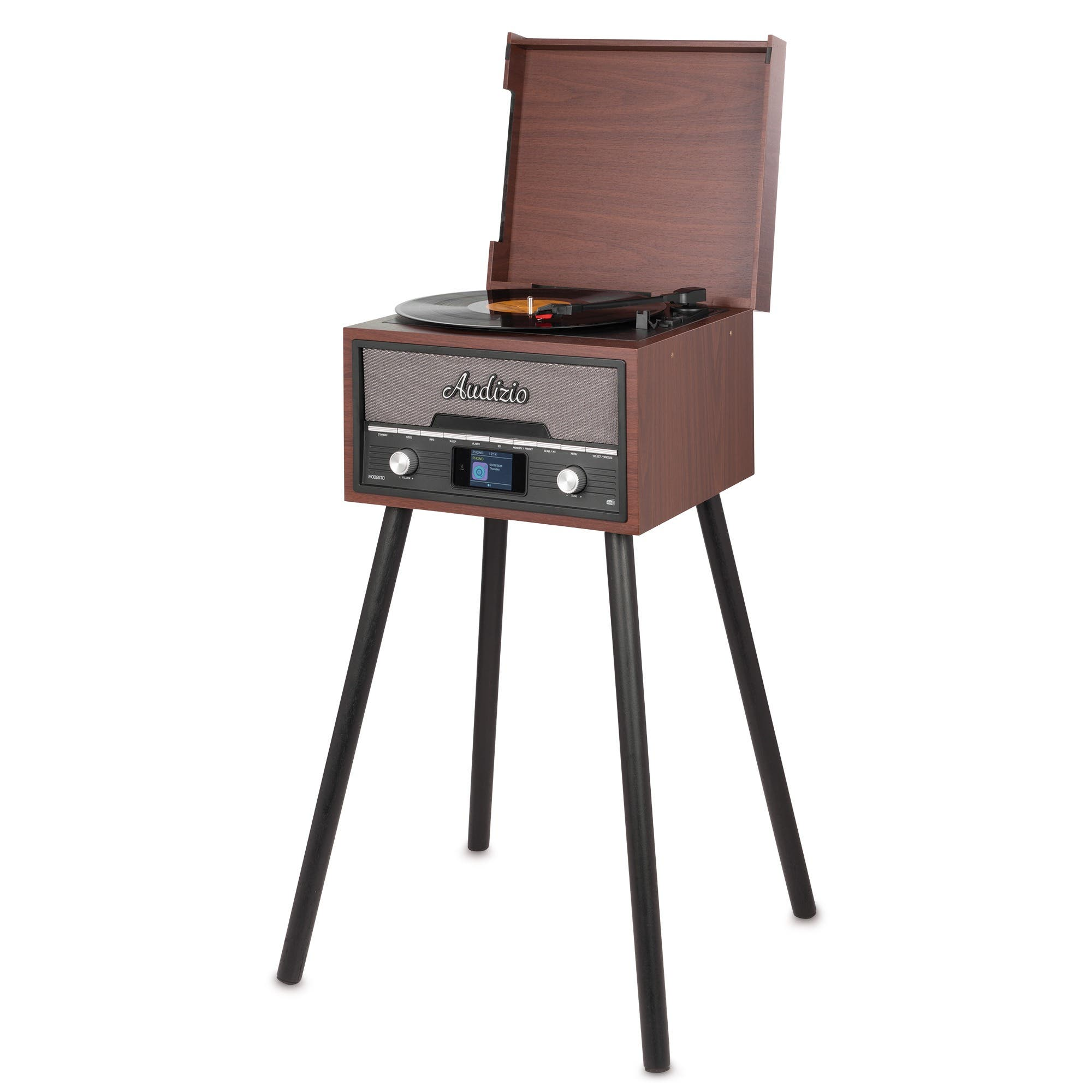 Ein hölzerner Audizio Plattenspieler mit Standbeinen und offenem Deckel, der eine Platte abspielt.