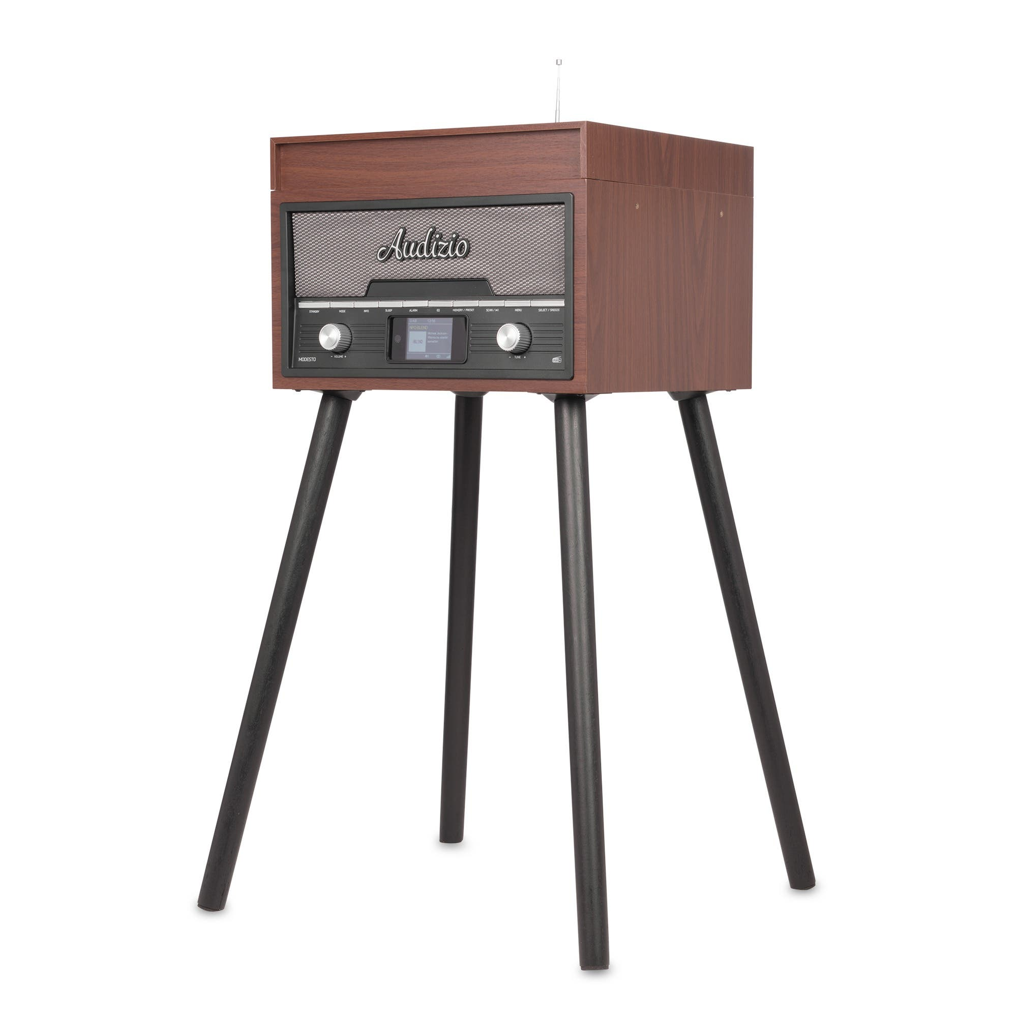 Ein braunes Audizio-Musiksystem im Vintage-Stil mit digitalem Bildschirm und vier schwarzen Beinen.