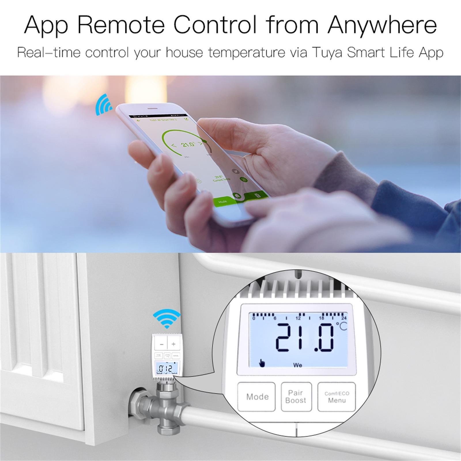 Person steuert die Haustemperatur über eine Smartphone-App auf einem Thermostat.
