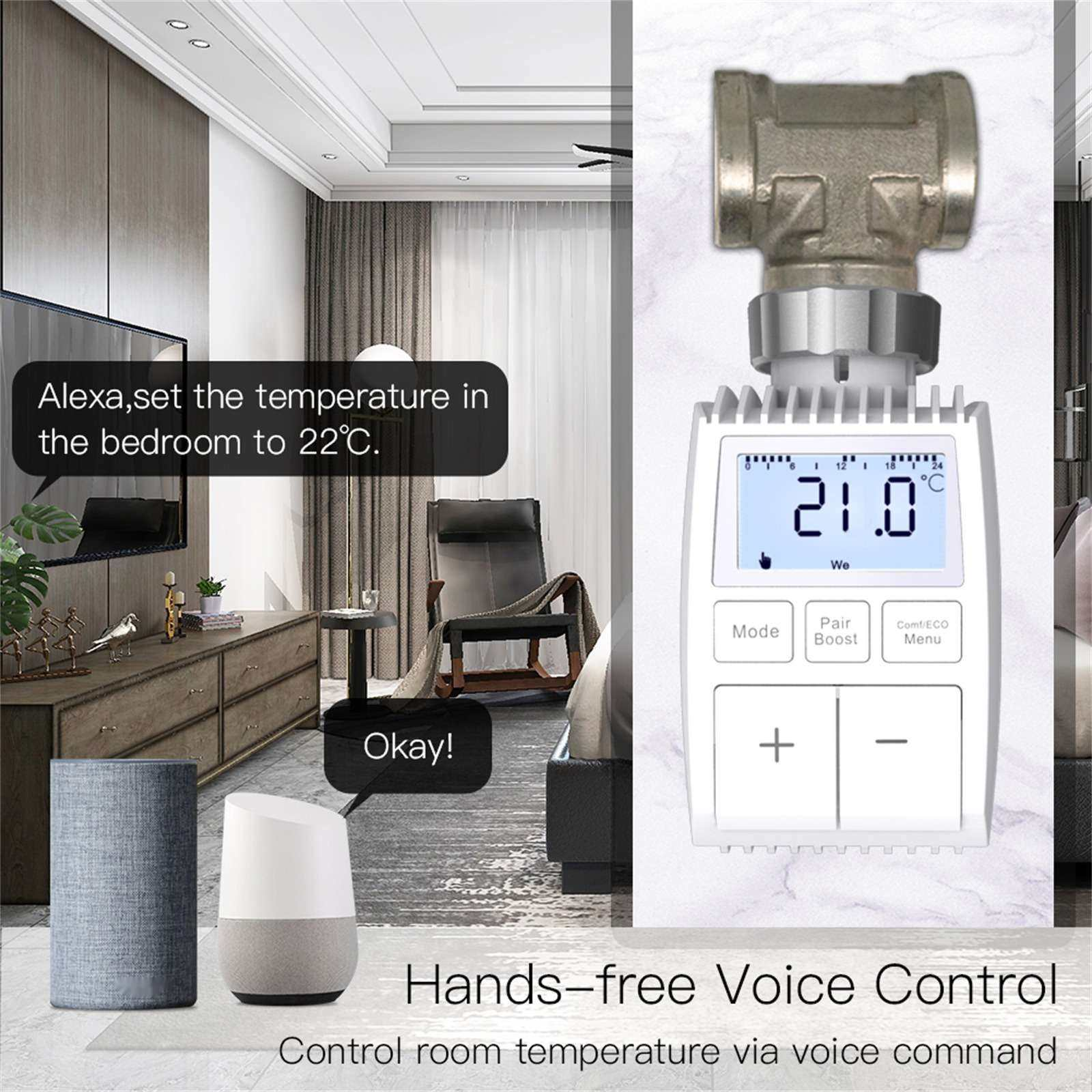 Smart-Heizkörperthermostat für Sprachsteuerung, gezeigt mit Raumkulisse.