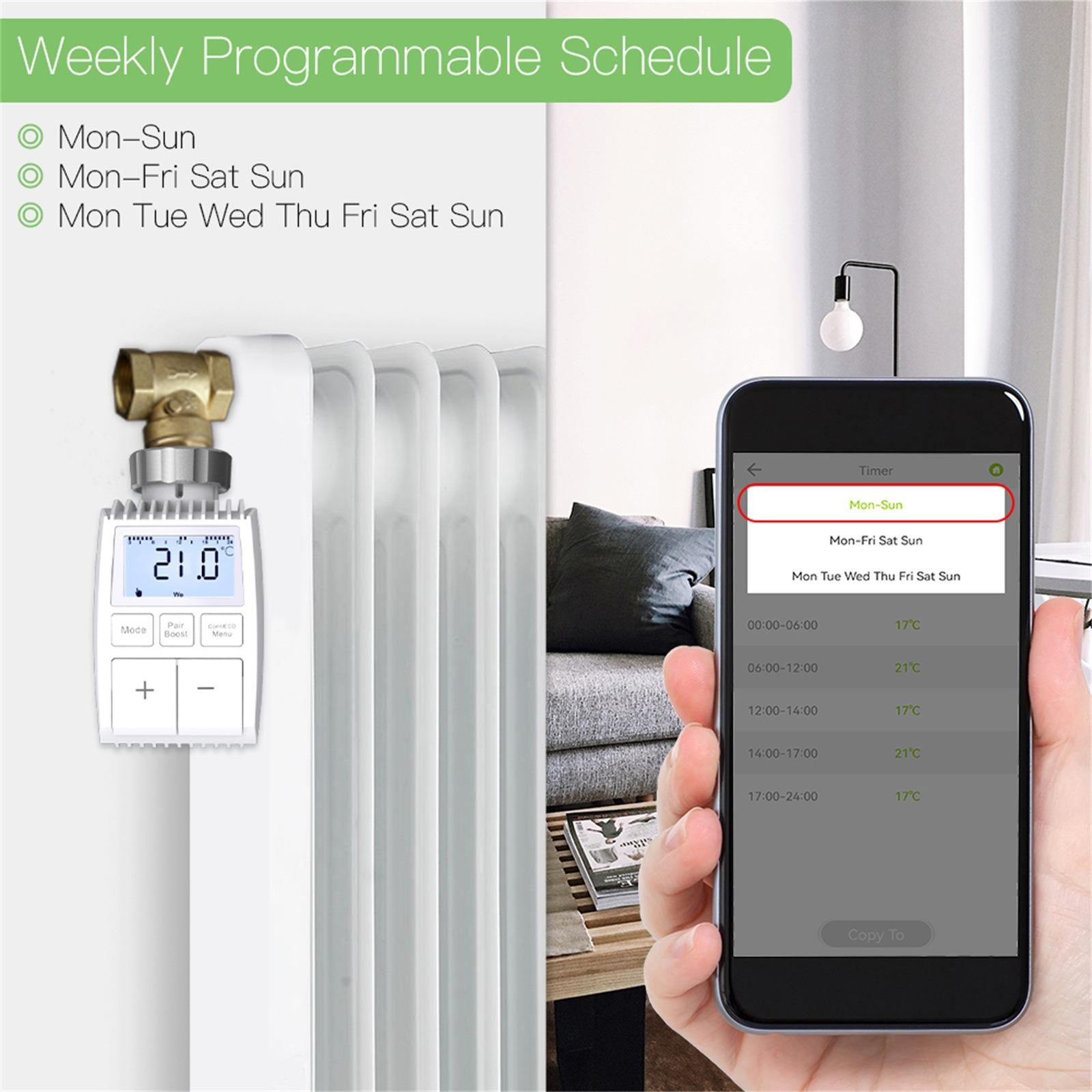 Heizkörperthermostat und Smartphone mit App zur wöchentlichen Programmierung.