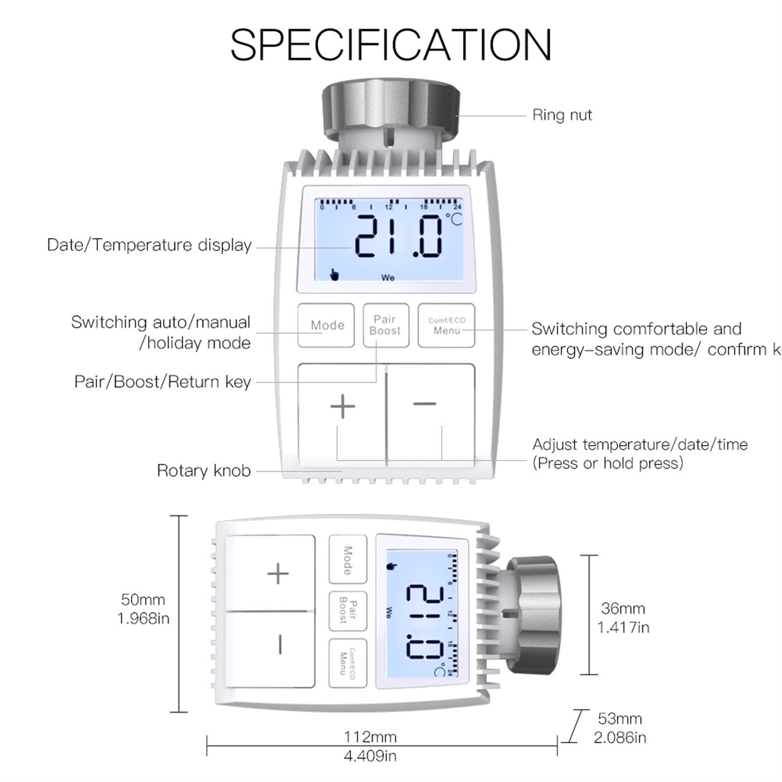 Diagramm zeigt die Spezifikationen und Maße eines digitalen Heizkörperthermostats.