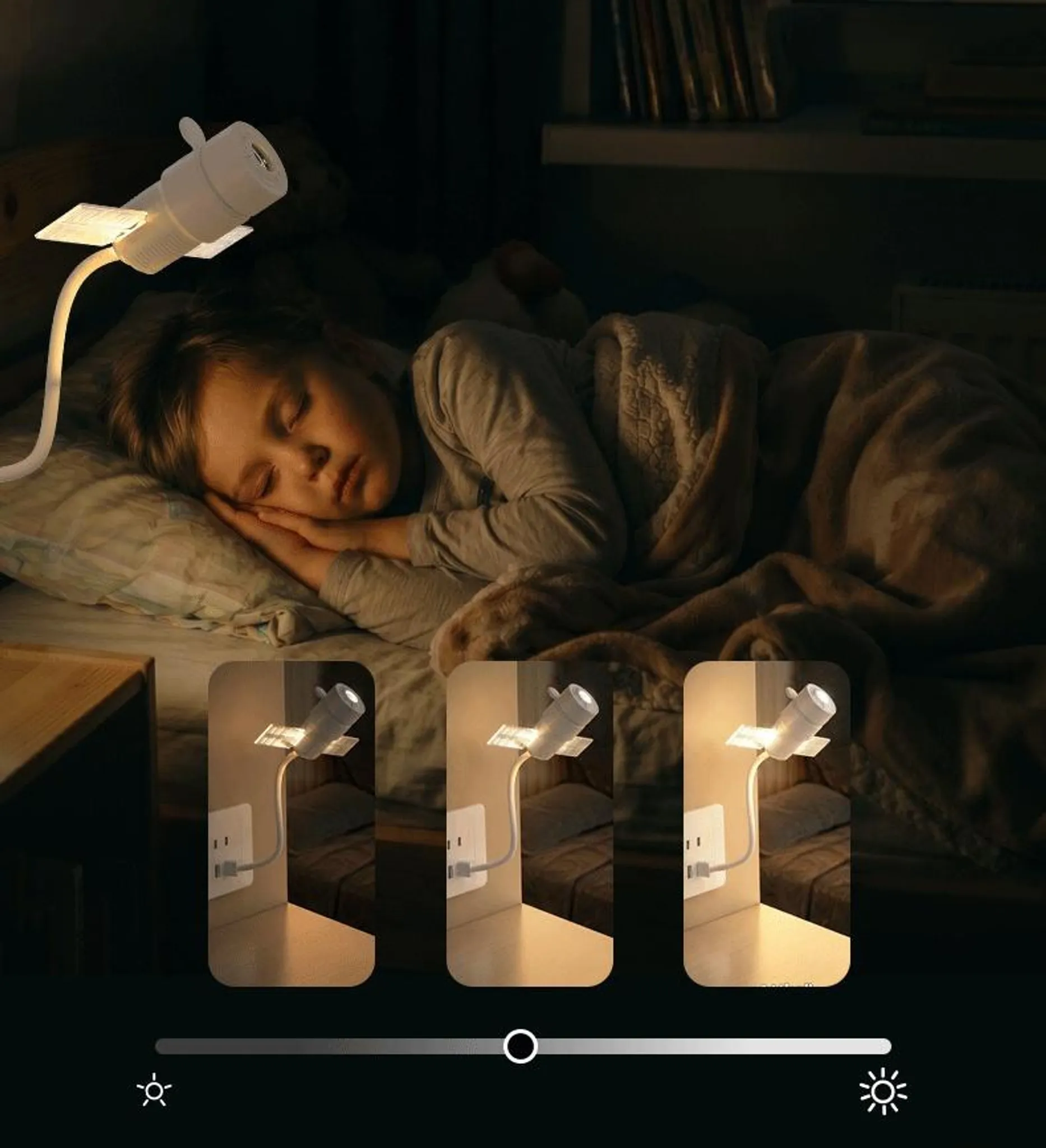 Ein Kind schläft in einem Bett, während eine weiße Schreibtischlampe leuchtet, mit drei Helligkeitsstufen unten.