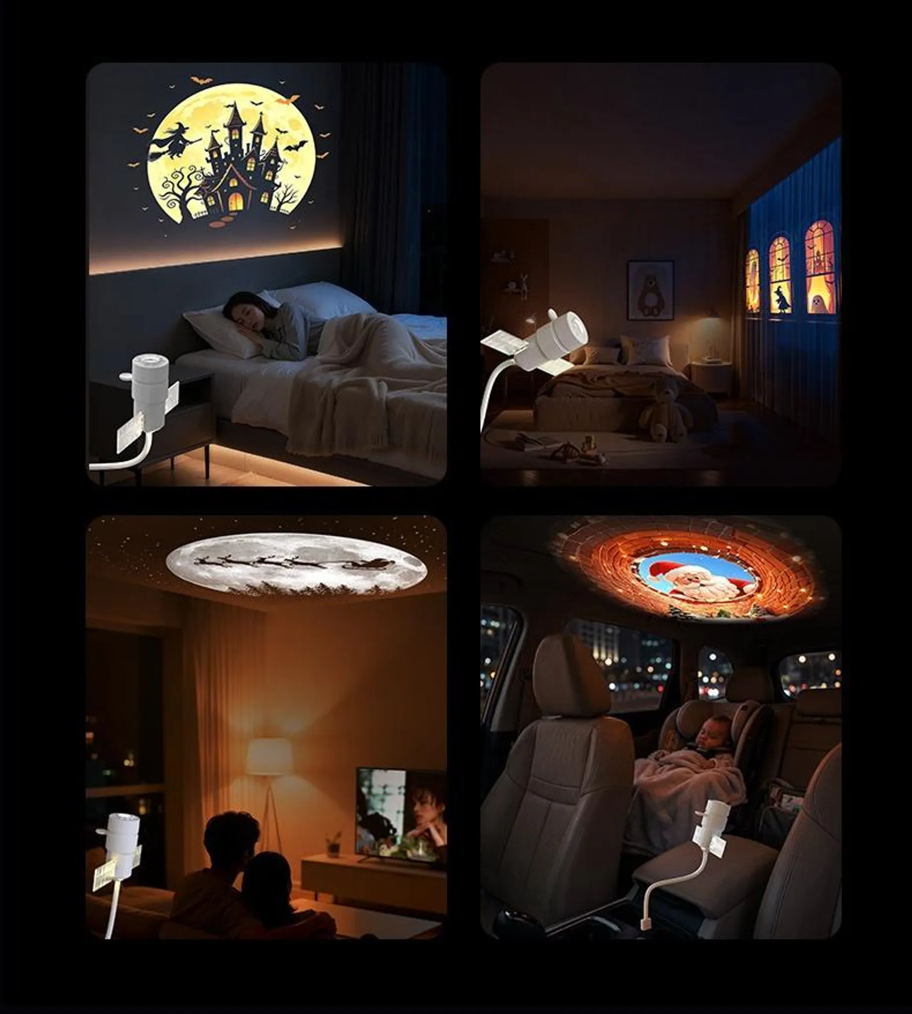Ein tragbarer Projektor projiziert verschiedene Halloween- und Weihnachtsbilder in Innenräumen und im Auto.