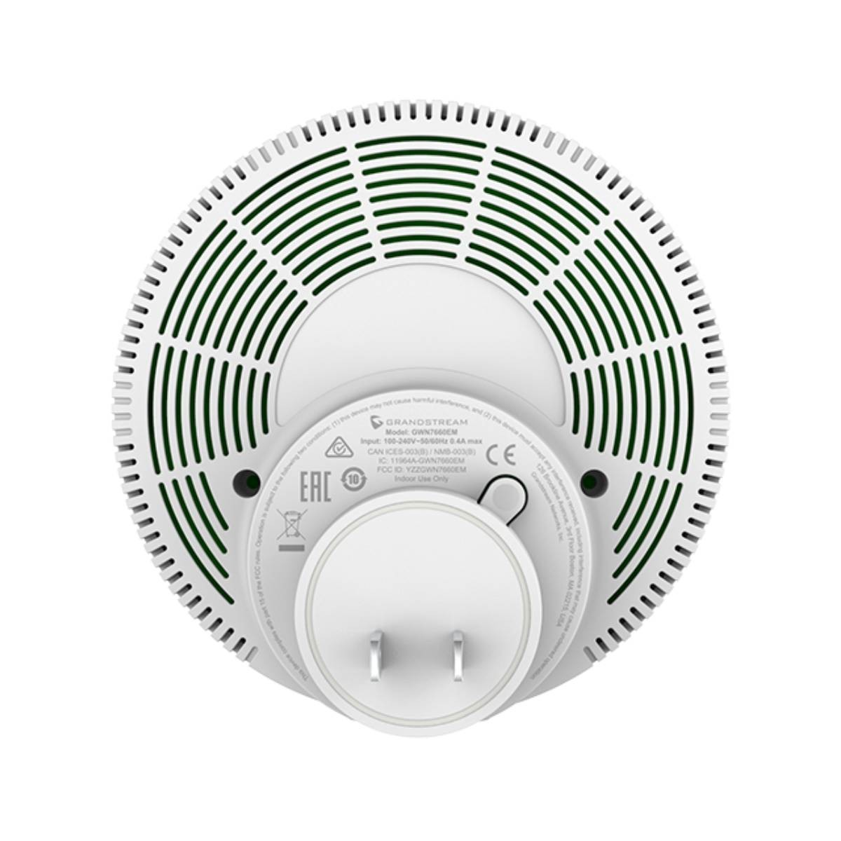 Runtes weisses Elektronikgeraet mit Stecker, Lueftungsschlitzen und Zulassungsetiketten auf der Rueckseite.
