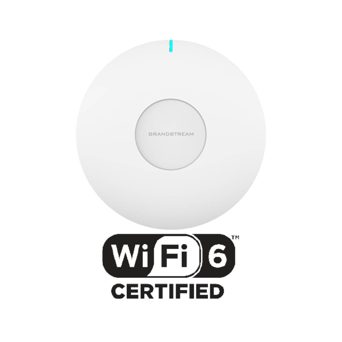 Ein runder, weißer Grandstream Wi-Fi 6 Router mit einer blauen LED oben und dem Wi-Fi 6 Certified Logo darunter.