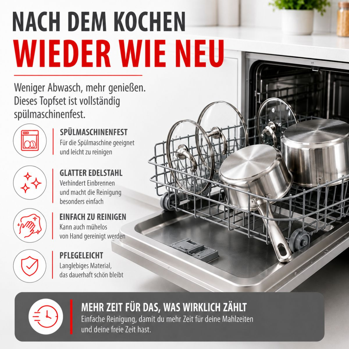 Edelstahltöpfe und Glasdeckel im oberen Korb einer geöffneten Spülmaschine, umgeben von Werbetext.