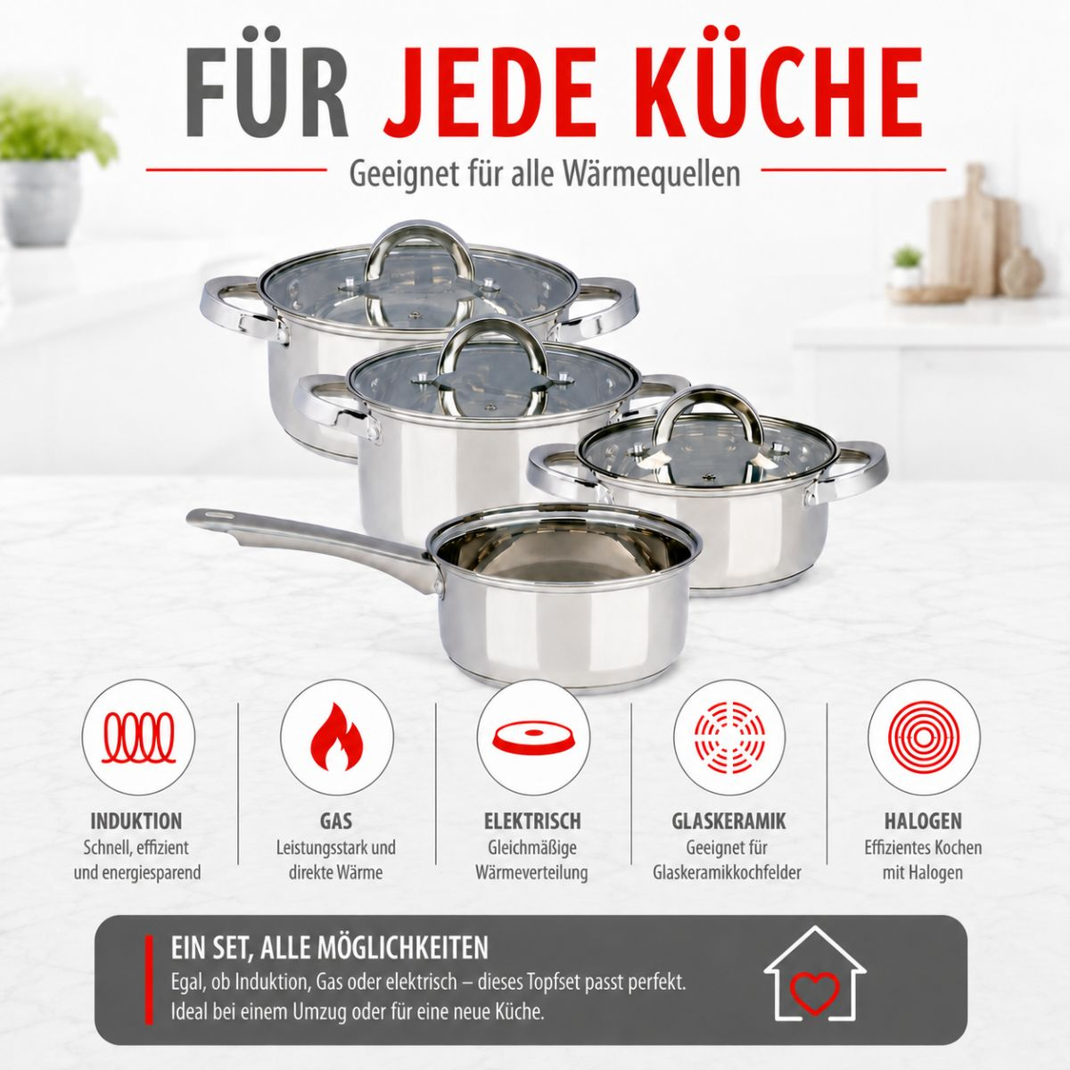 Edelstahl-Topfset mit Glasdeckeln für alle Herdarten, inklusive Induktion und Gas, in einer modernen Küche.