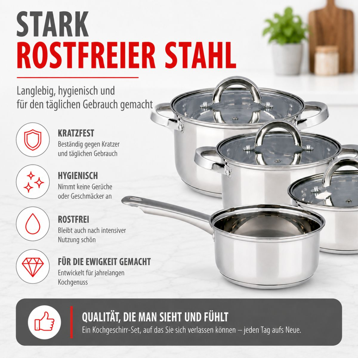 Edelstahl-Kochgeschirrset mit vier Teilen und Glasdeckeln, präsentiert mit deutschen Texten.