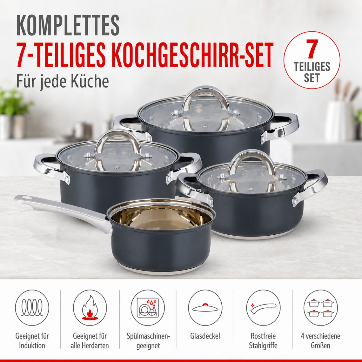 Ein 7-teiliges schwarzes Kochgeschirr-Set mit Glasdeckeln und Edelstahlgriffen auf einem Tisch vor einer Küchenkulisse.