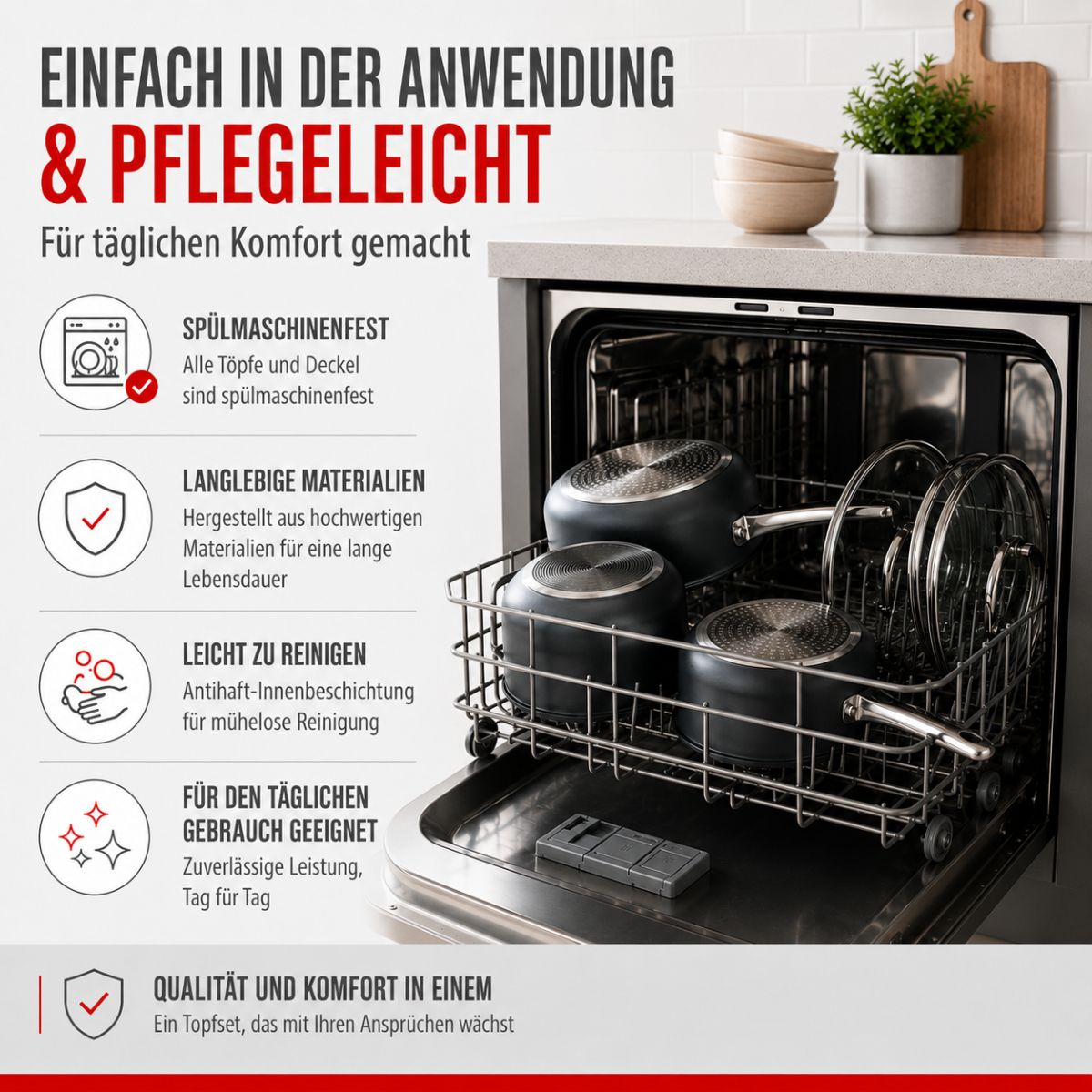Eine Spülmaschine mit dunklen Töpfen und Deckeln, links deutscher Werbetext zur leichten Reinigung.