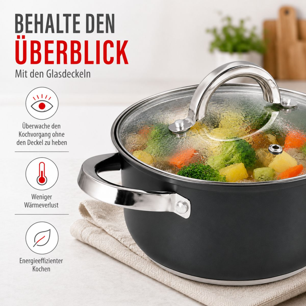 Ein schwarzer Kochtopf mit Glasdeckel voller Gemüseeintopf steht auf einem Tuch mit Texten links.