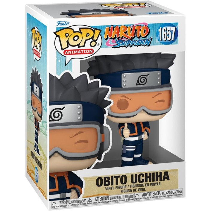 Funko Pop Figur von Obito Uchiha aus Naruto Shippuden mit Schutzbrille und blauem Outfit in der Verpackung.