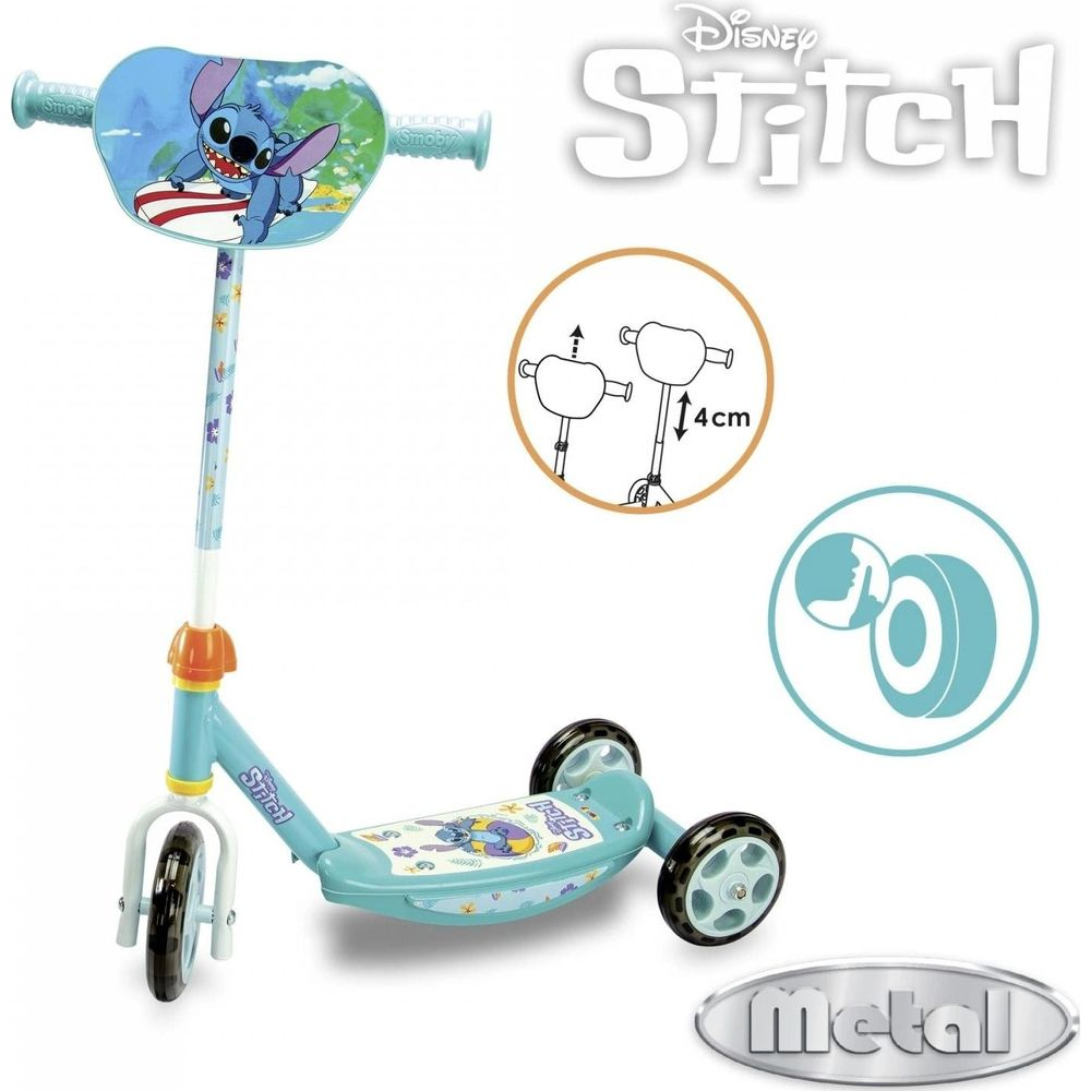 Monopattino a tre ruote blu Disney Stitch per bambini con manubrio regolabile.