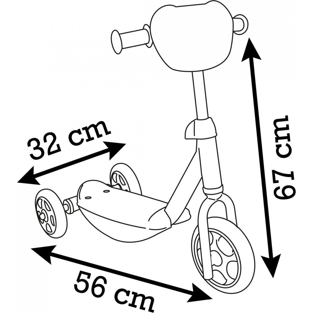 Disegno al tratto di un triciclo per bambini con dimensioni di 32 cm, 56 cm e 67 cm.