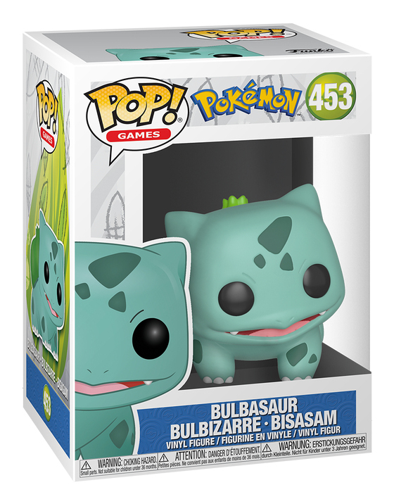 Una figura in vinile Funko Pop di Bulbasaur all'interno di una scatola da collezione.