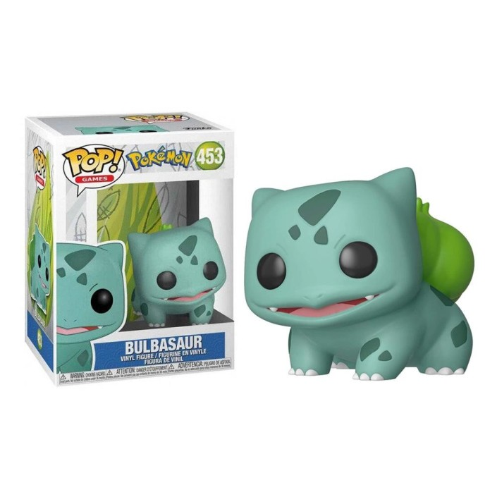 Una figure in vinile Pop di Bulbasaur accanto alla sua scatola.