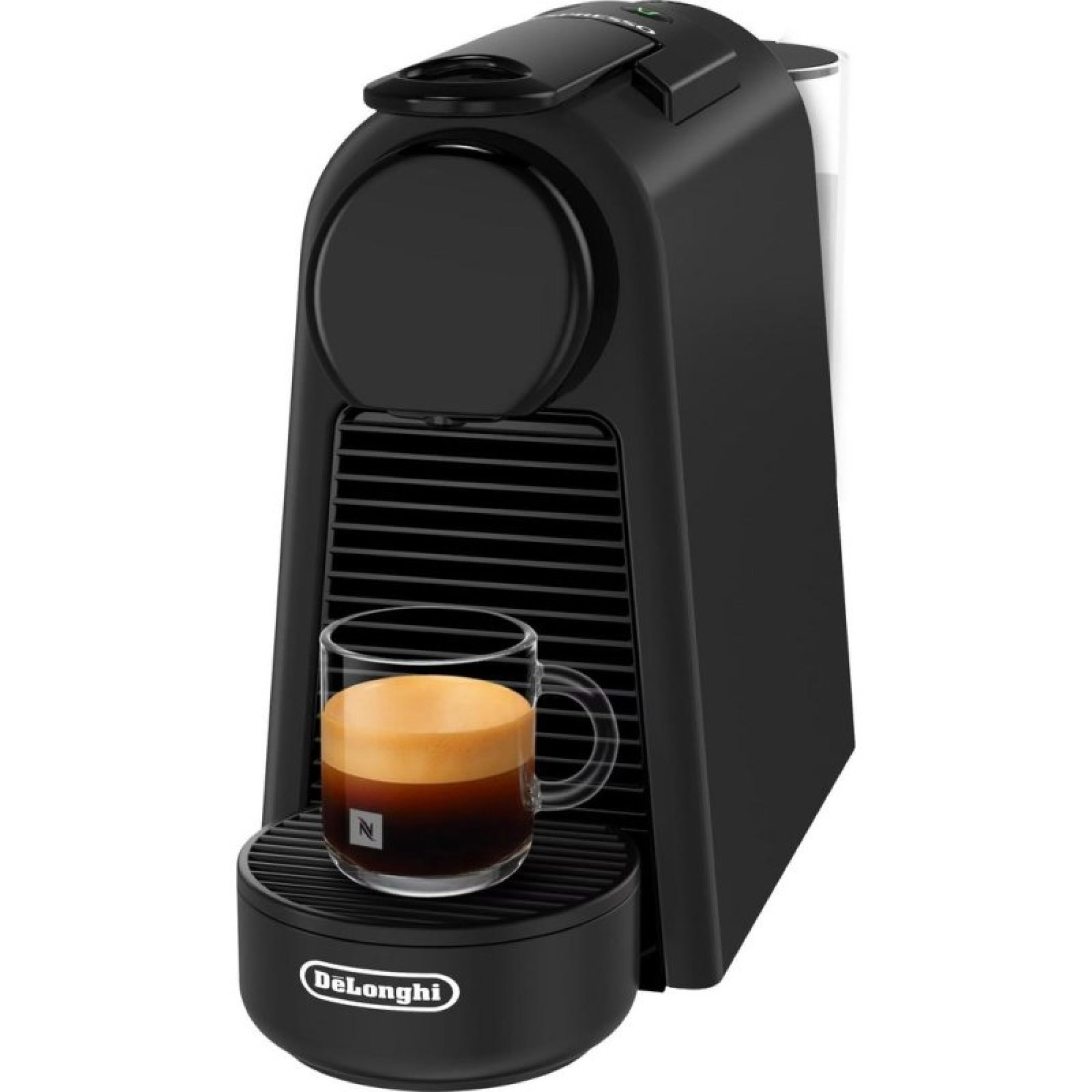 Eine schwarze DeLonghi Kaffeemaschine mit einer Glas Tasse frisch gebrühtem Espresso auf dem Abtropfgitter.