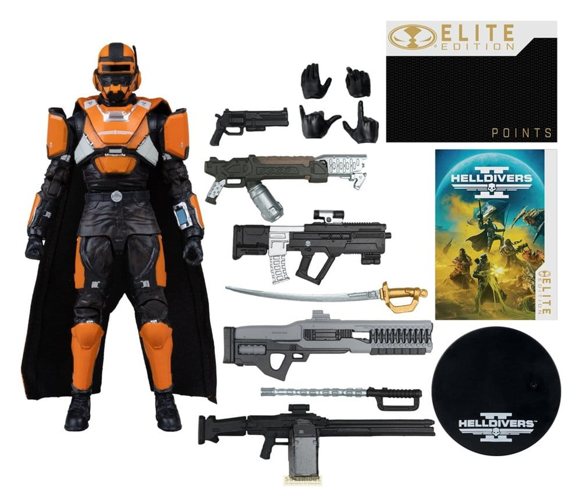 Action figure Helldivers Elite Edition con armi, mani, basi e accessori su sfondo bianco.