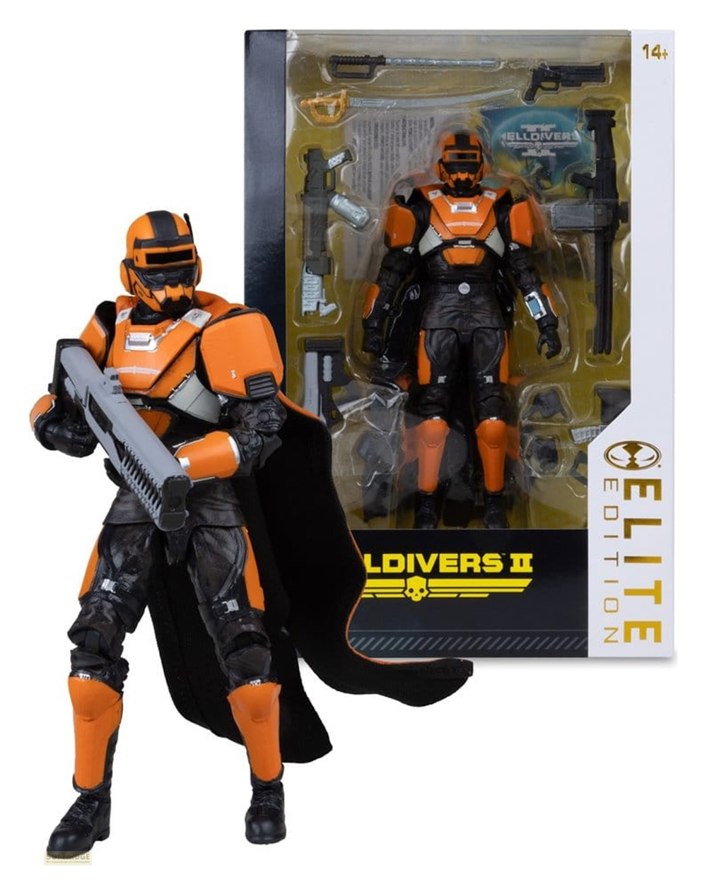 Un'action figure di Helldivers II Elite Edition in armatura arancione e nera con un'arma, in piedi davanti alla scatola.