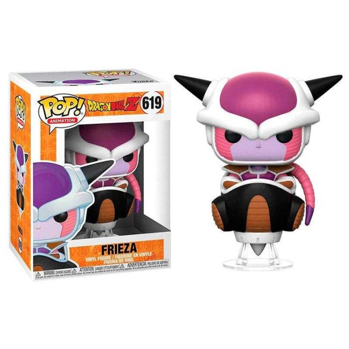 Una figura in vinile Frieza Funko Pop in un pod, accanto alla sua scatola numerata 619.
