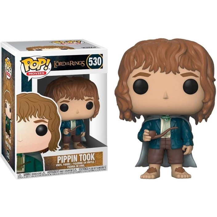 Funko Pop in vinile di Pippin Took con scatola, capelli castani, giacca blu e pipa.