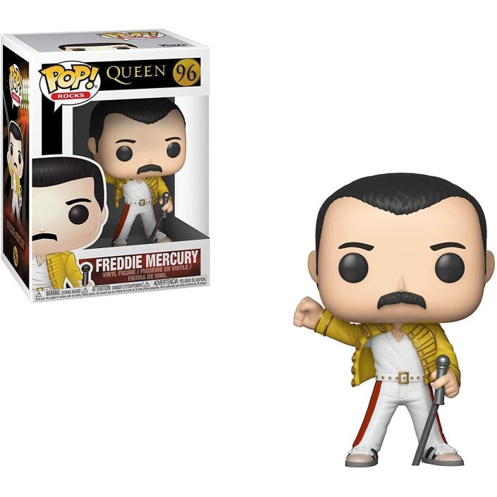 Figura in vinile Funko Pop di Freddie Mercury con giacca gialla e pantaloni bianchi, con la scatola.