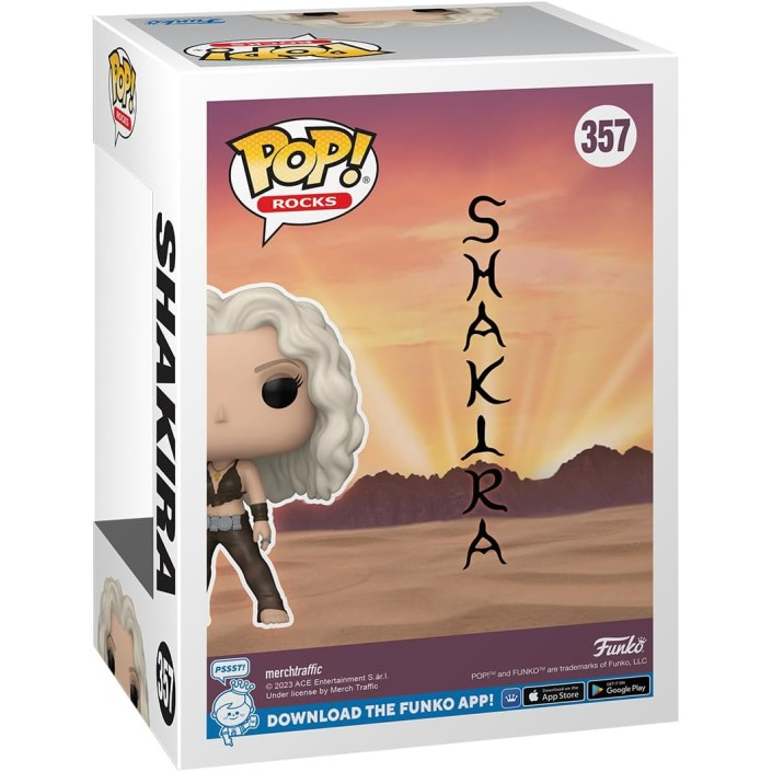 Figura Funko Pop di Shakira in scatola con sfondo desertico e numero 357.