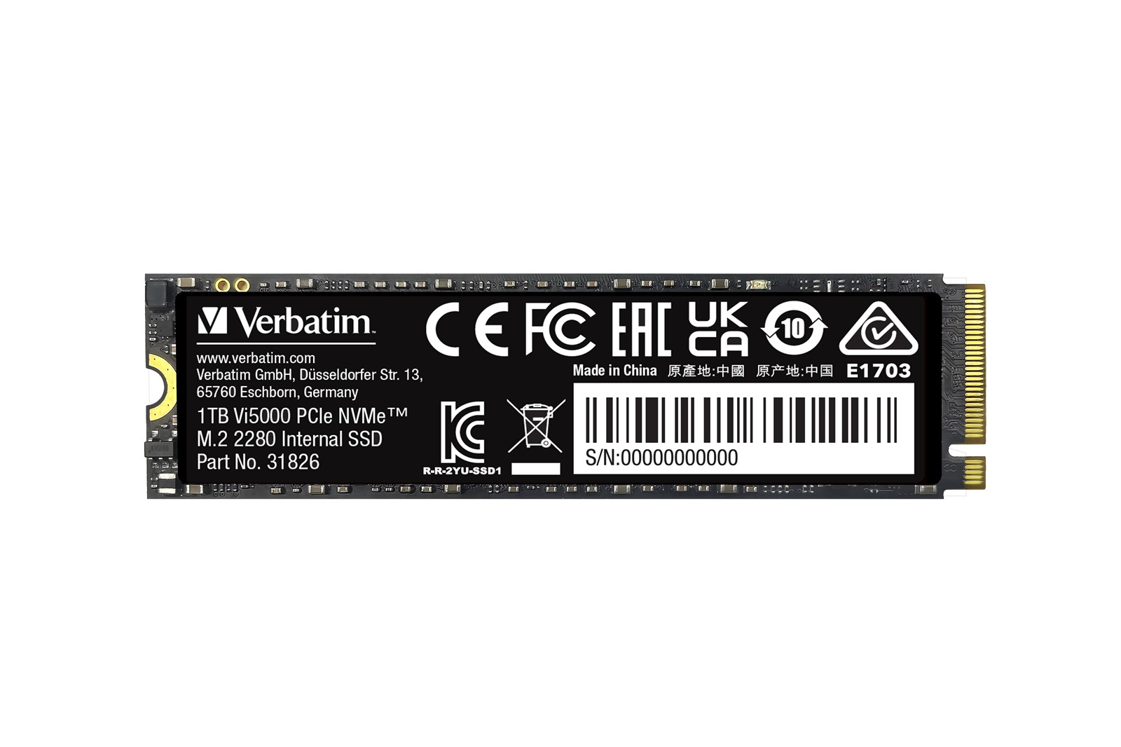 Verbatim 1TB M.2 NVMe SSD mit Etikett für Modelldetails, Barcode und Prüfzeichen.
