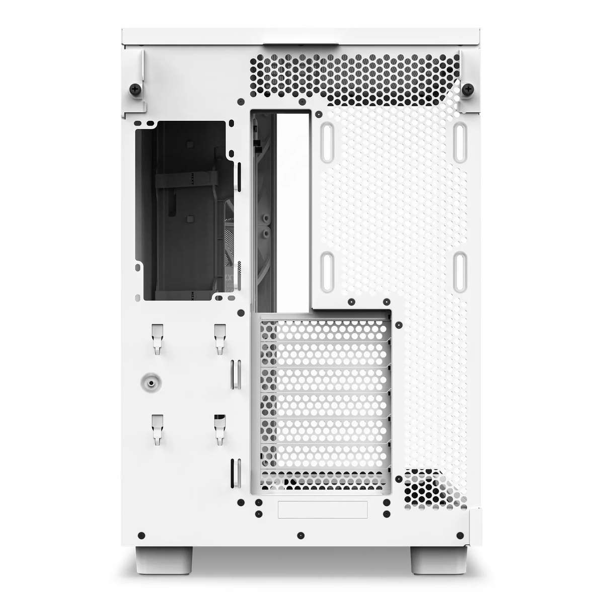 Le panneau arrière d'un boîtier d'ordinateur blanc avec des grilles de ventilation.