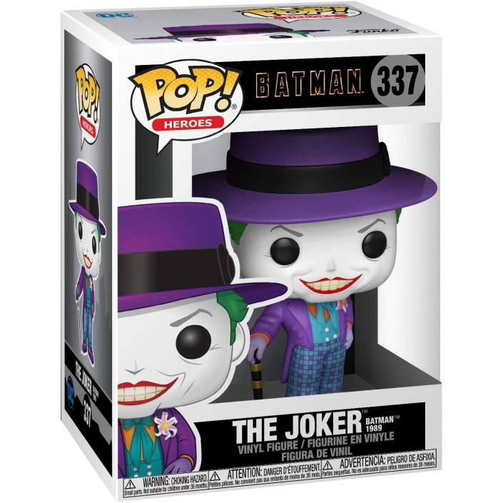Una figura Funko Pop del Joker da Batman 1989 in scatola da collezione con cappello e abito viola.