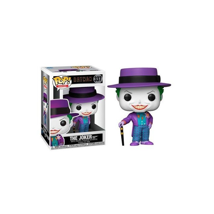 Una figura Funko Pop del Joker in abito viola e cappello con la sua scatola.