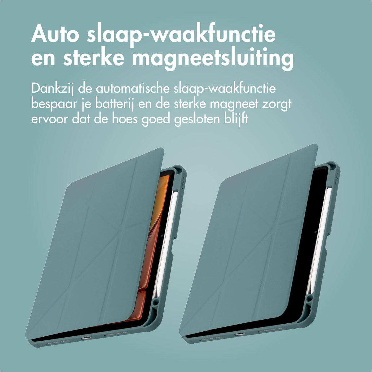 Deux étuis de tablette gris-vert avec fonction veille automatique sur fond bleu clair.