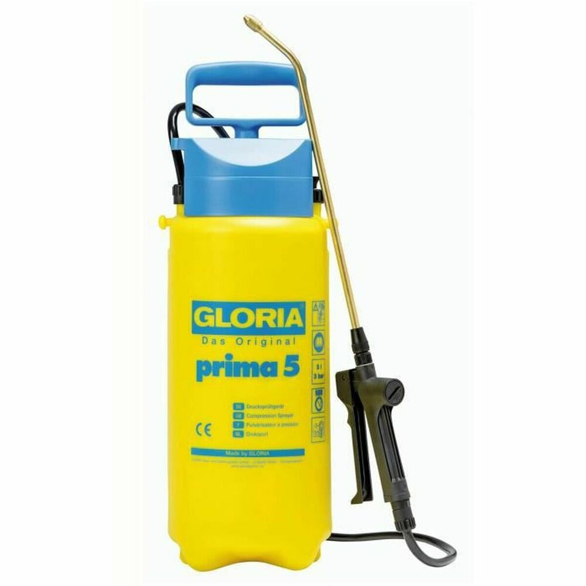 Gelber und blauer Gloria Prima 5 Drucksprüher mit langer Messinglanze auf weißem Hintergrund.