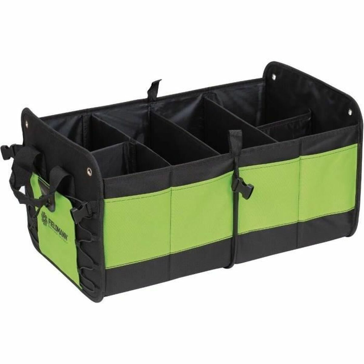 Ein schwarz-grüner, faltbarer Kofferraum-Organizer mit mehreren Innenfächern und äußeren Netztaschen.