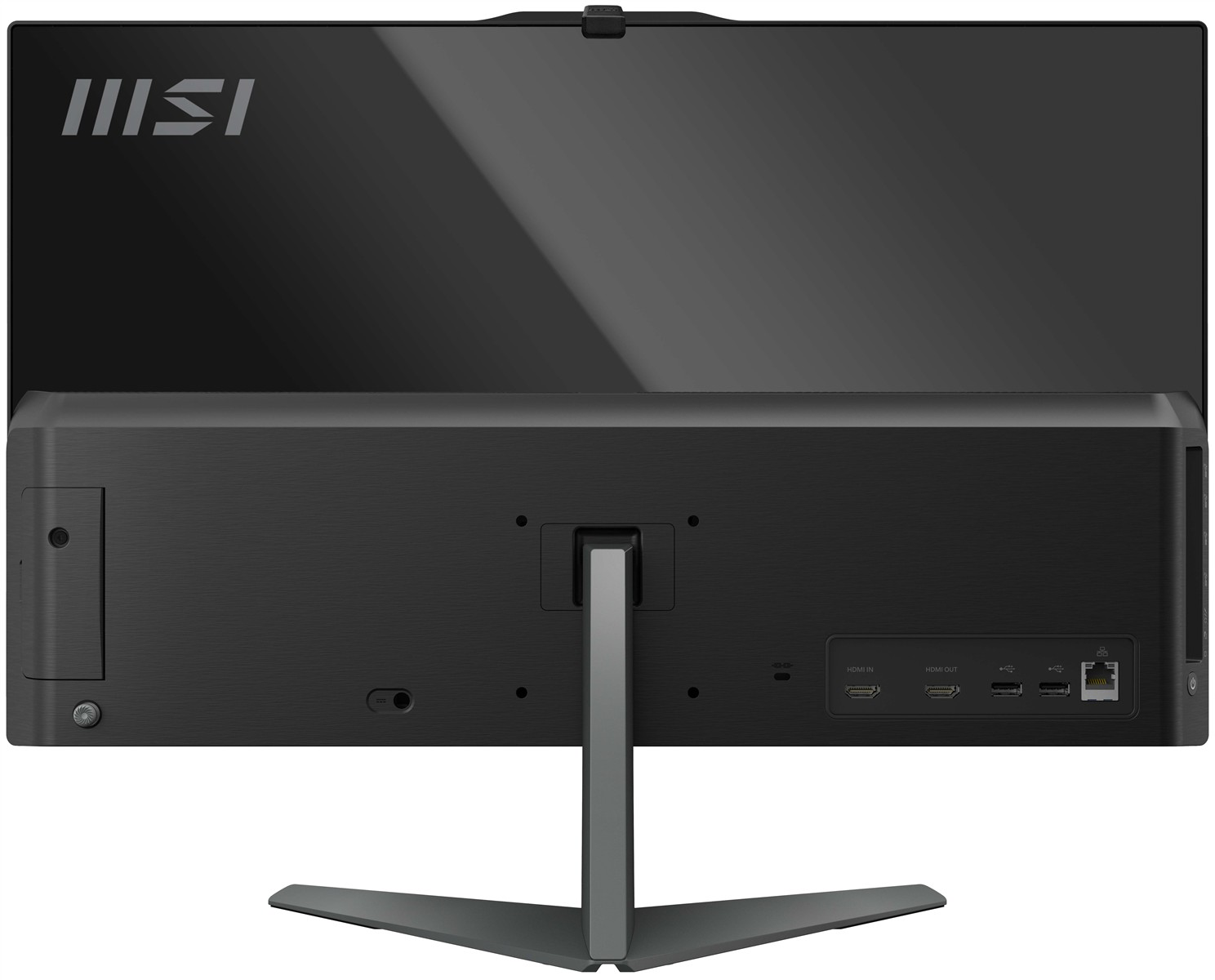 Vue arrière d'un PC tout-en-un MSI montrant le support, l'arrière de l'écran et les ports.