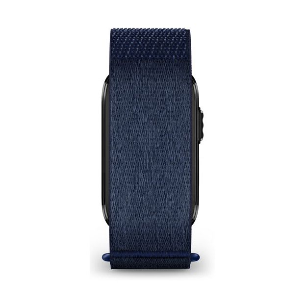 Vista posteriore di uno smartwatch con un cinturino in tessuto blu scuro texturizzato.