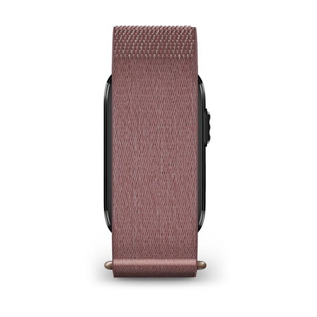 Vista posteriore di uno smartwatch con cinturino in tessuto rosa scuro strutturato.