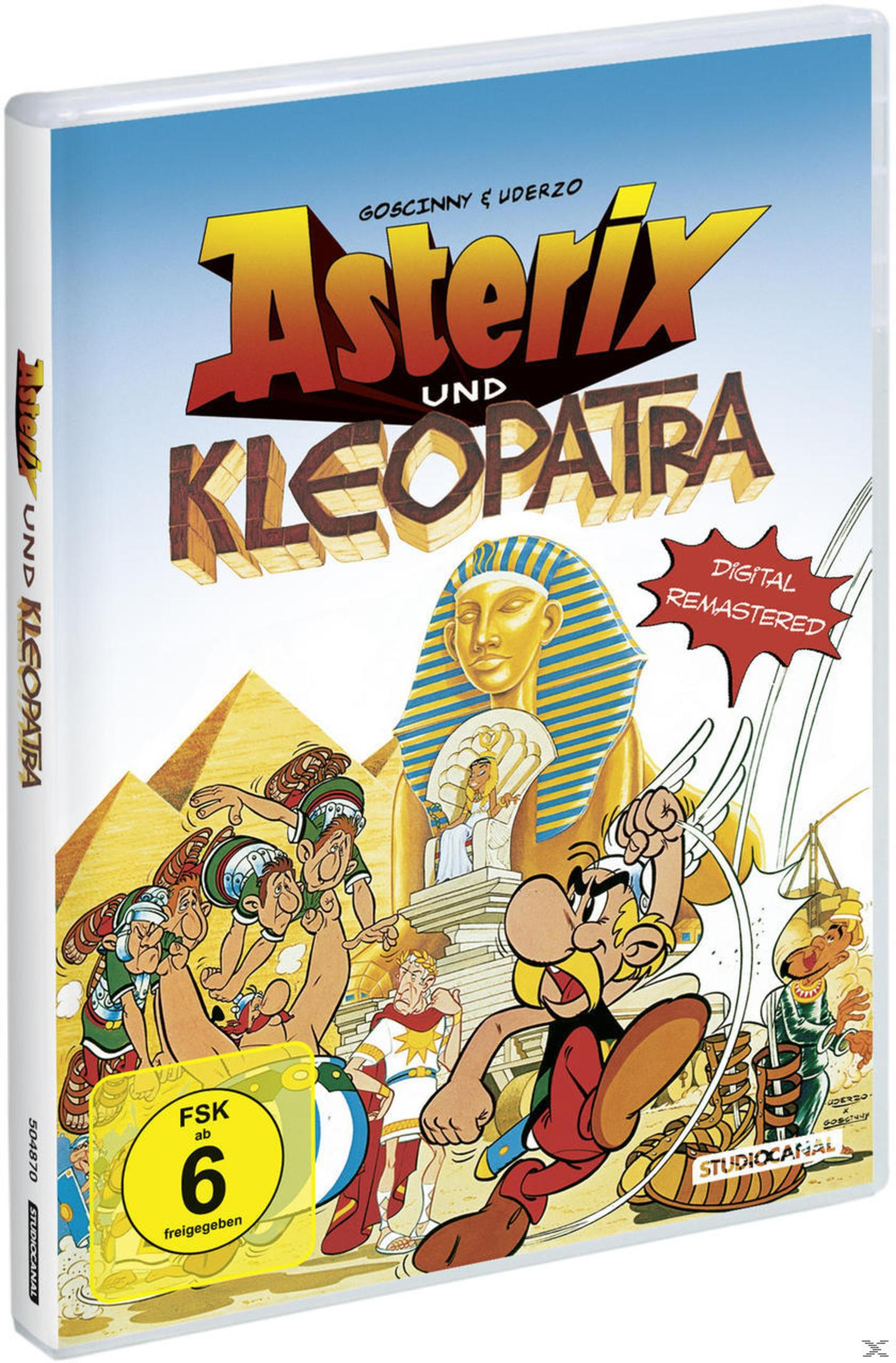 DVD-Cover von Asterix und Kleopatra mit Pyramiden und Charakteren.
