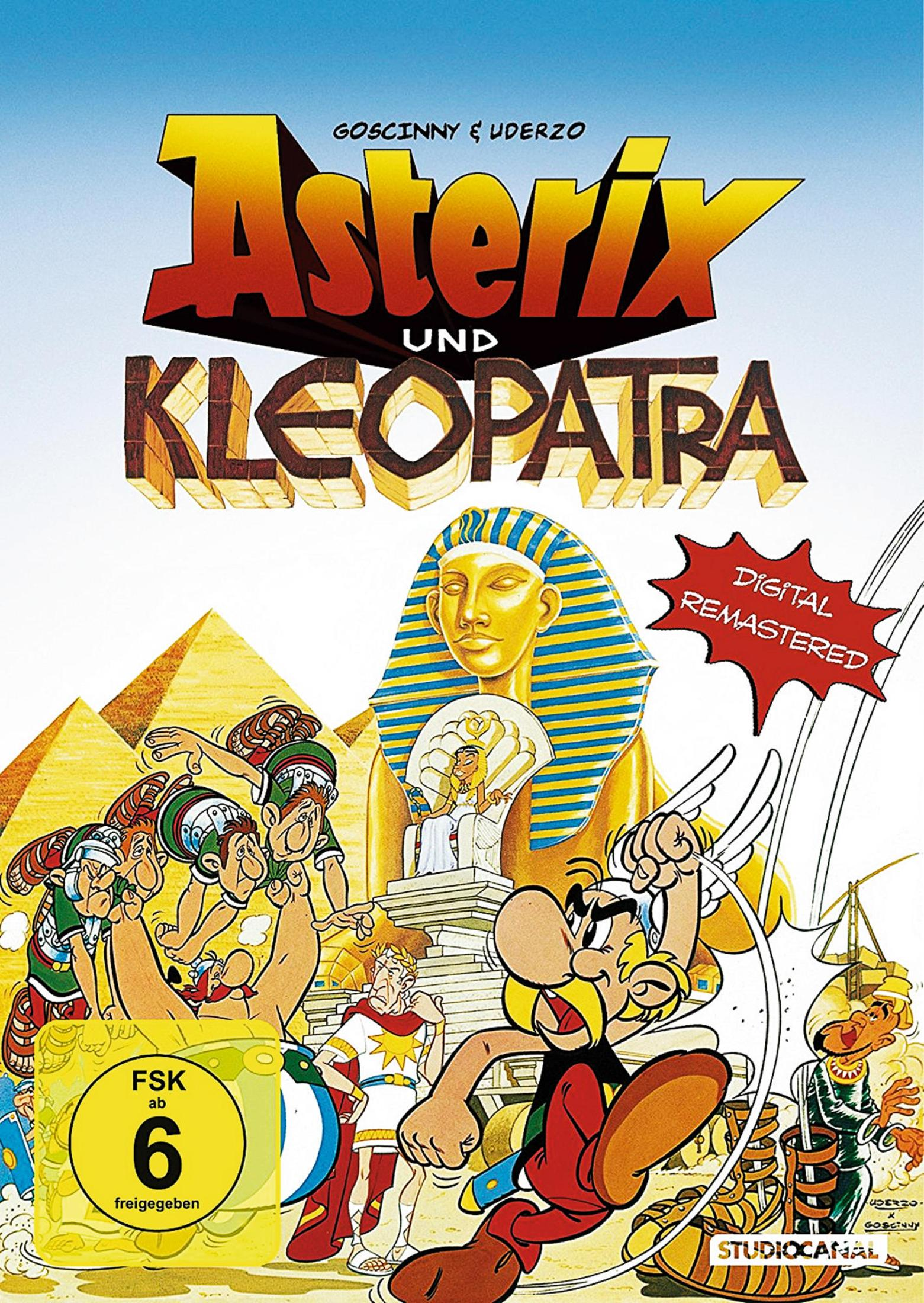 Asterix und Kleopatra Filmposter mit Pyramiden, Sphinx und Figuren im Comic-Stil.