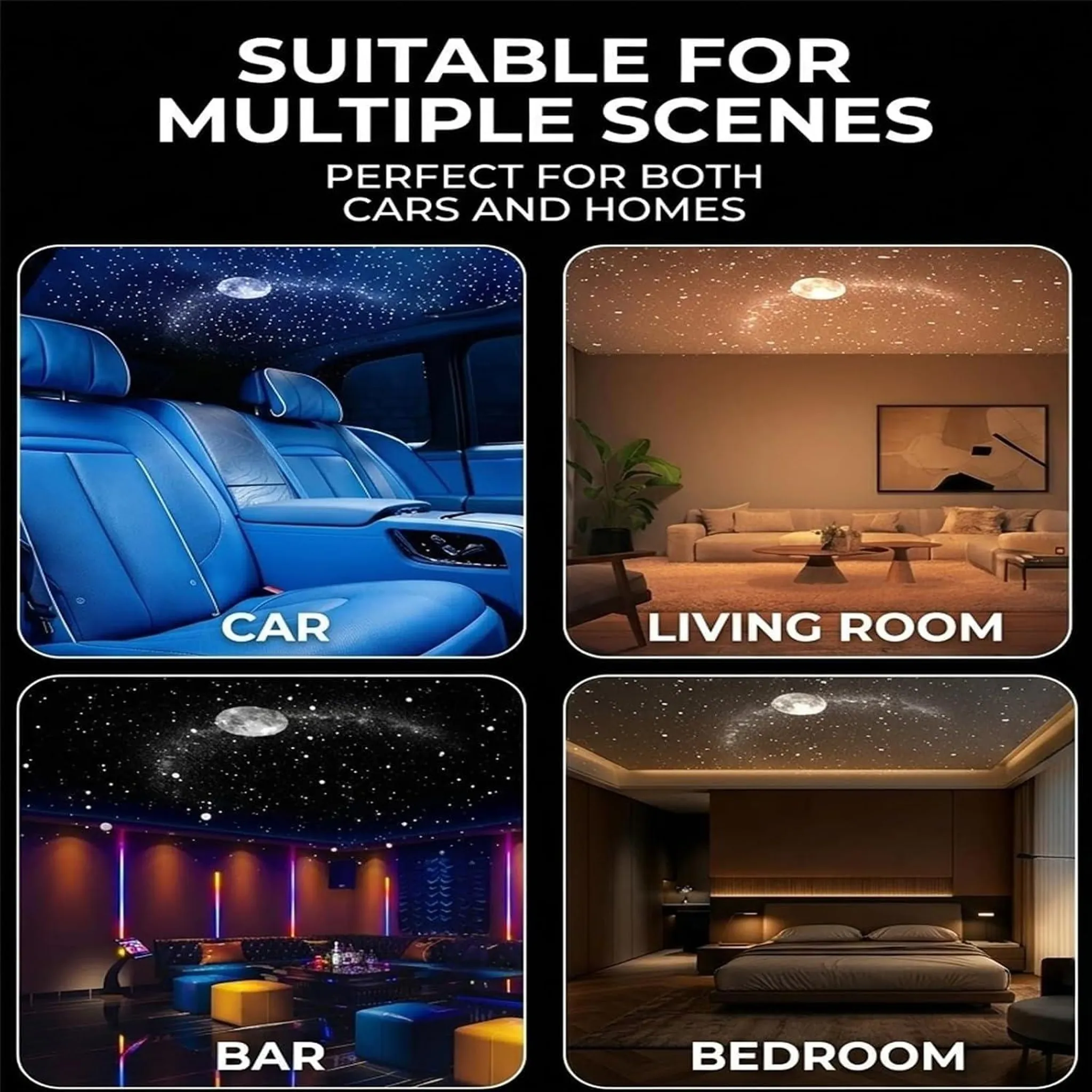 Vier Bilder zeigen den Sternenhimmel-Projektor in Auto, Wohnzimmer, Bar und Schlafzimmer.