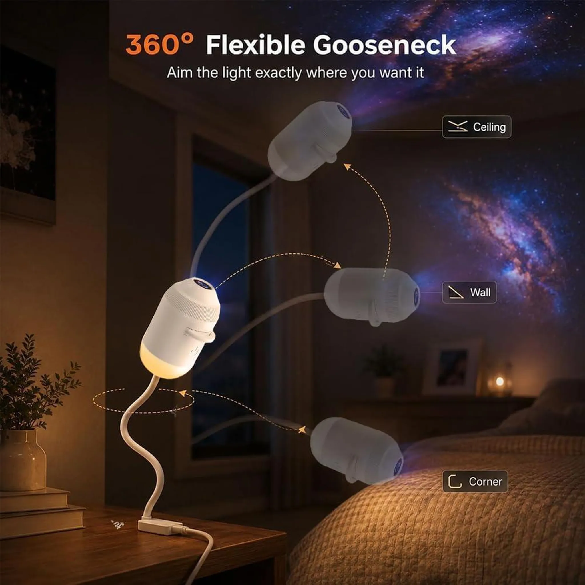Eine flexible weiße Lampe auf einem Nachttisch, die einen Galaxie-Effekt an Wand und Decke projiziert.
